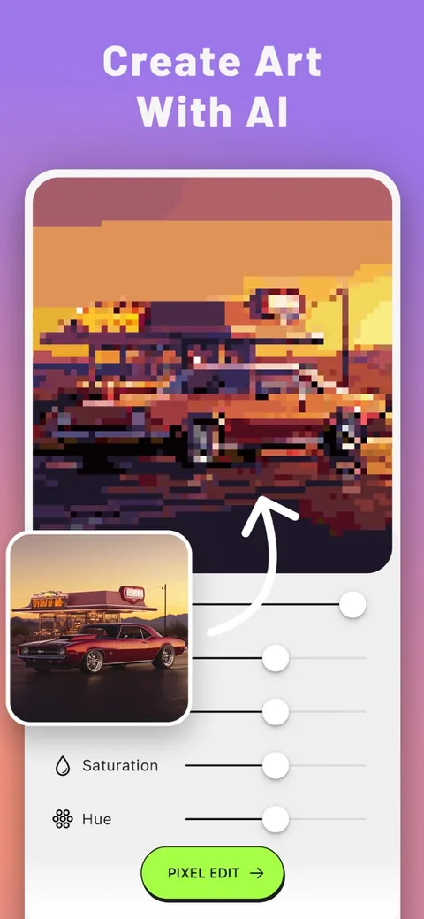 App screen converting a photo of a car into pixel art with AI