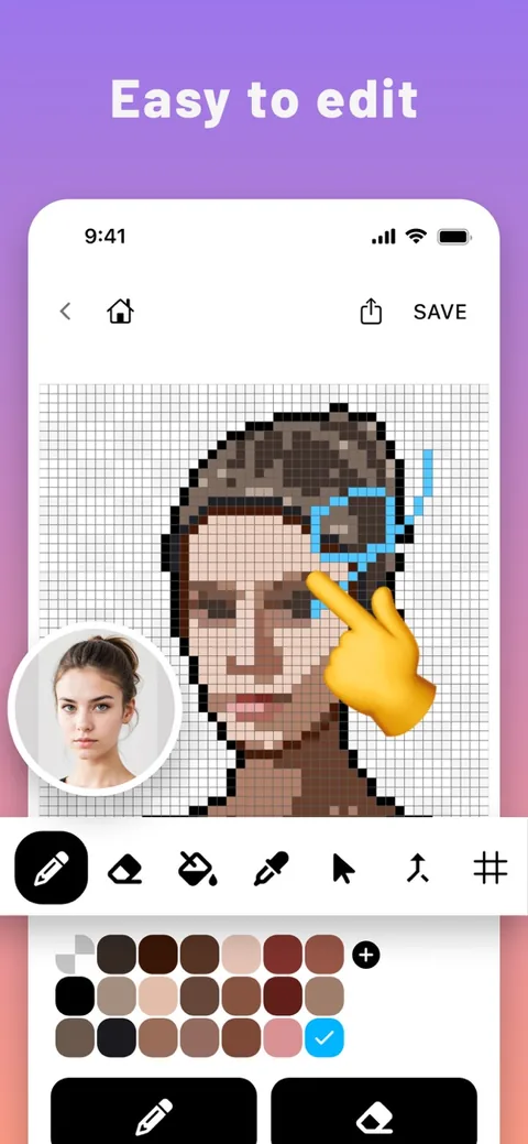 Pixel editor with pen and fill tools and a color palette