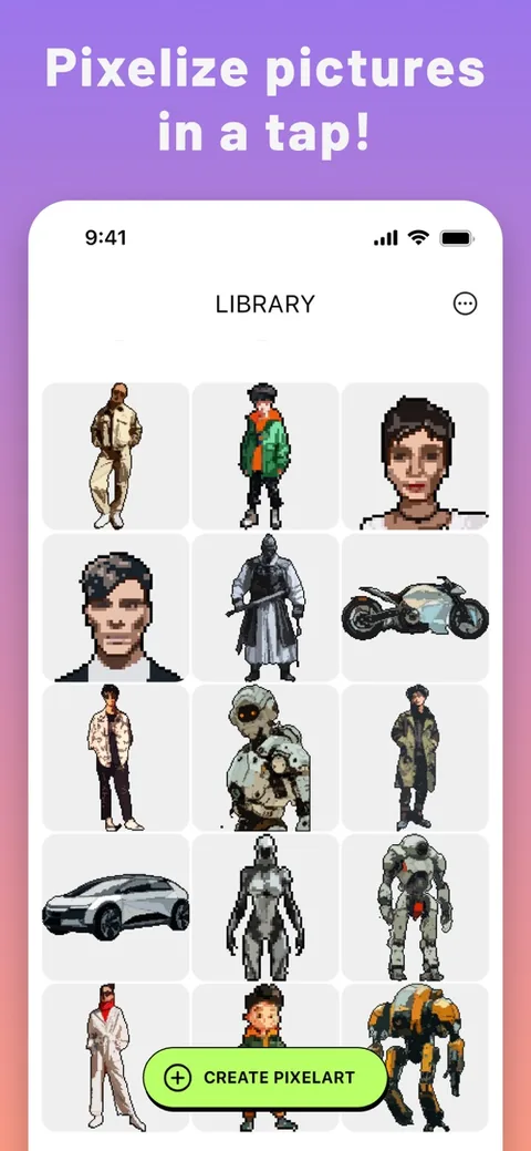 Library screen listing saved pixel art