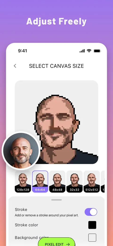 Canvas size picker showing the same face at several pixel sizes