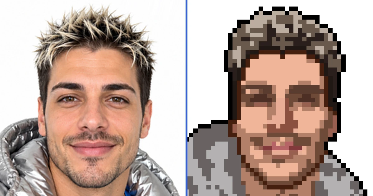 Eine echte Umwandlung mit PixelMe. Wähle ein Foto und passe Pixelgröße und Farben an.