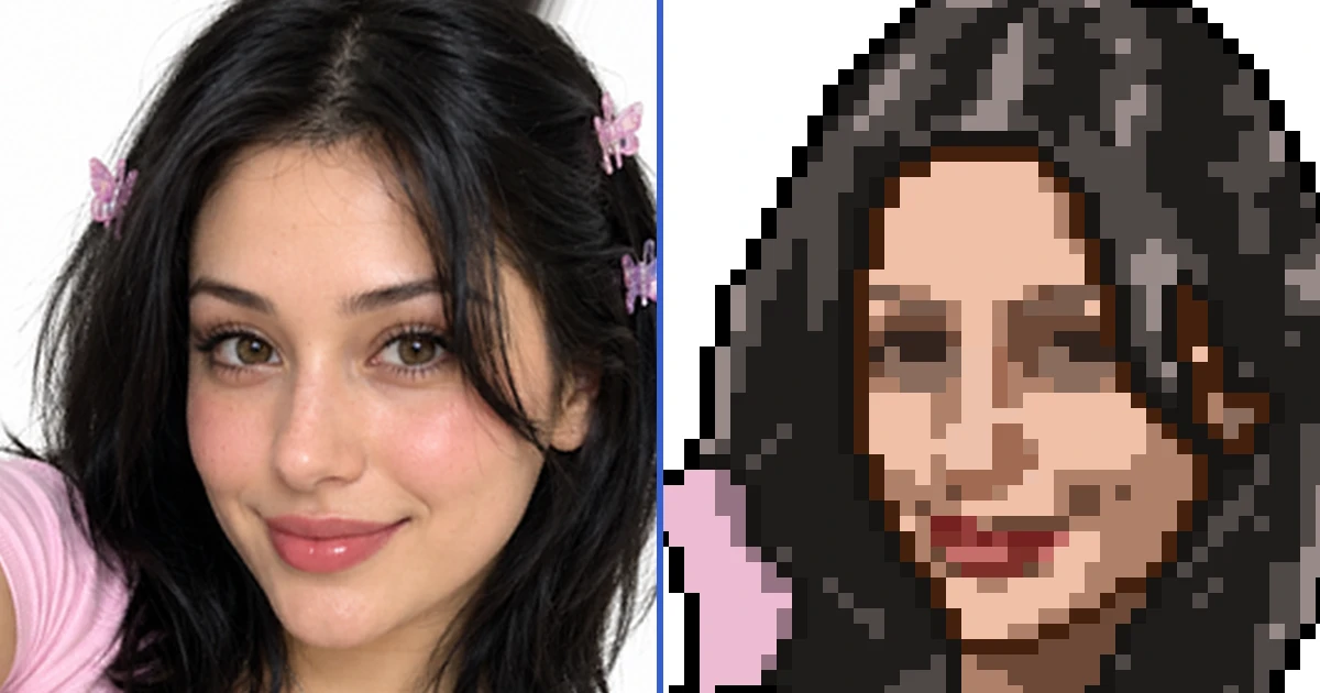 An actual PixelMe conversion. Choose a photo, then adjust the pixel size and colors.