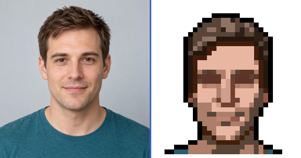 A portrait photo next to the pixel art avatar PixelMe made from it