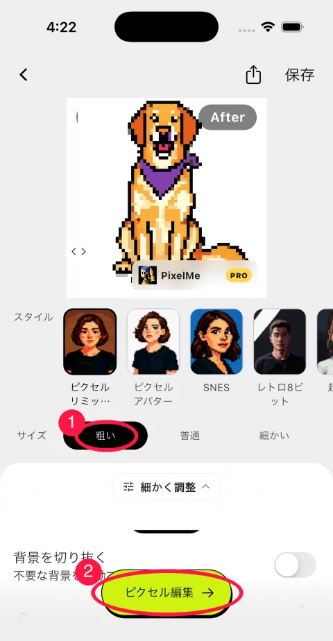 アプリの変換結果。サイズの粗いとピクセル編集ボタンに赤い丸
