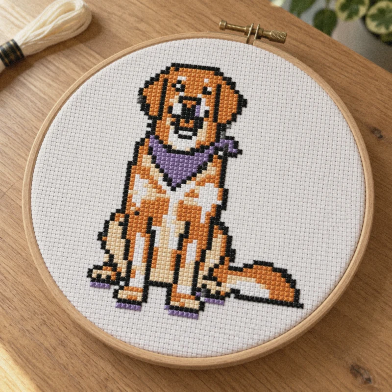 Preview of a dog pattern stitched as cross stitch in an embroidery hoop