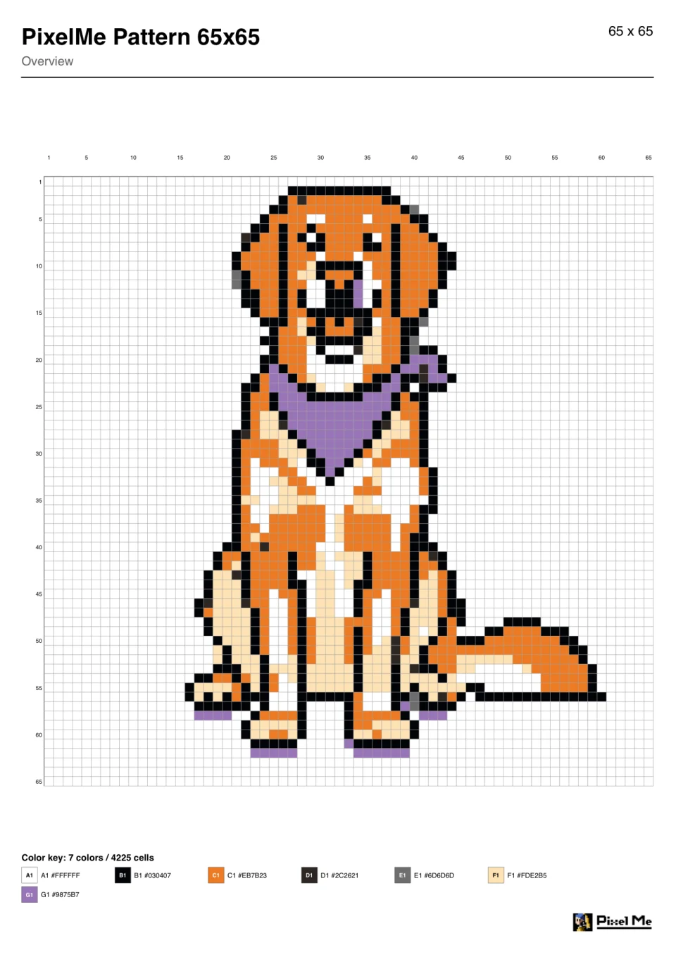 犬のドット絵を65x65マスの方眼にした図案PDF。下に7色の色の一覧
