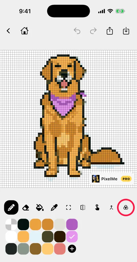 Pixel editor with 16 colors; the rightmost tool is circled