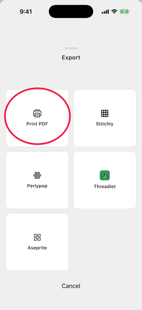 Export sheet with Print PDF circled