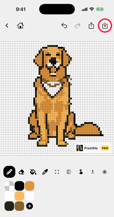 Pixel editor after reducing to 7 colors; the save button at the top right is circled