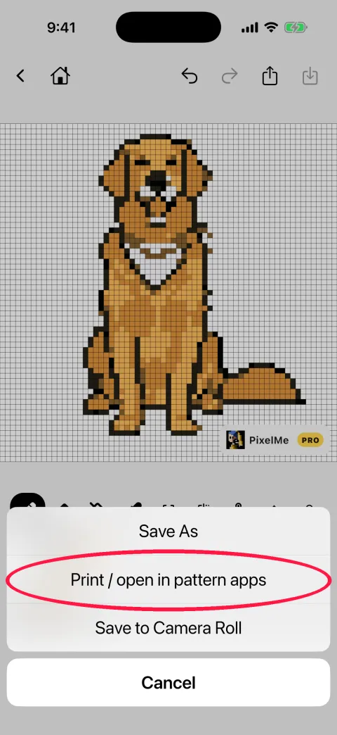 Save menu with Print / open in pattern apps circled