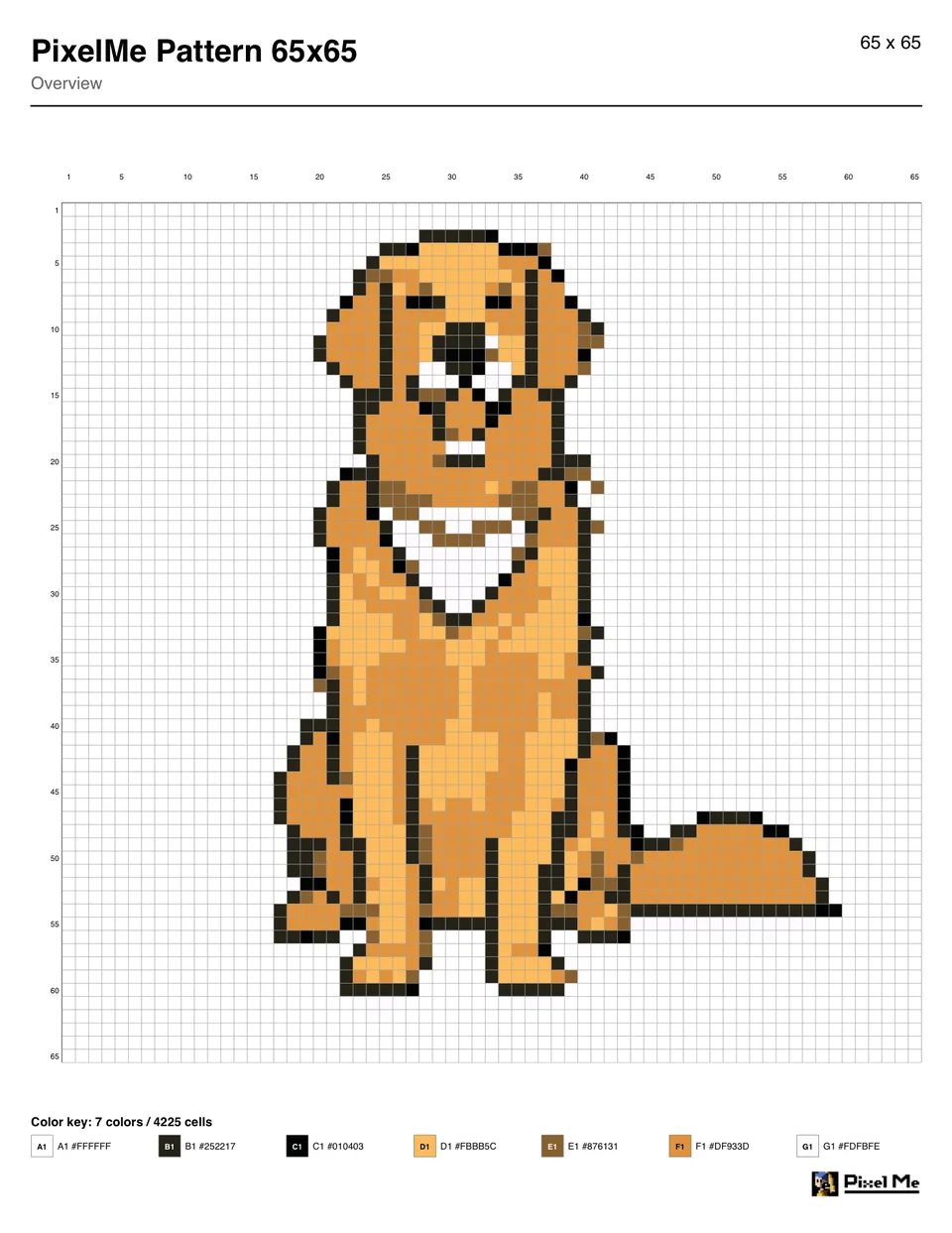 Pattern PDF of the dog on a 65x65 grid, with a key of 7 colors below