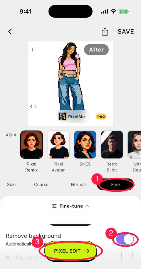 The app's conversion result with Fine, Remove background and PIXEL EDIT circled