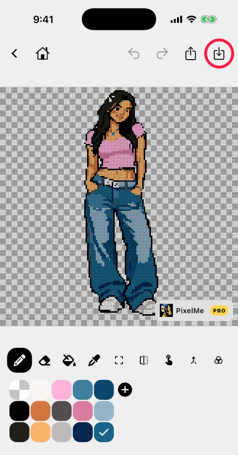 Pixel editor with the character on a transparent background; the save button is circled