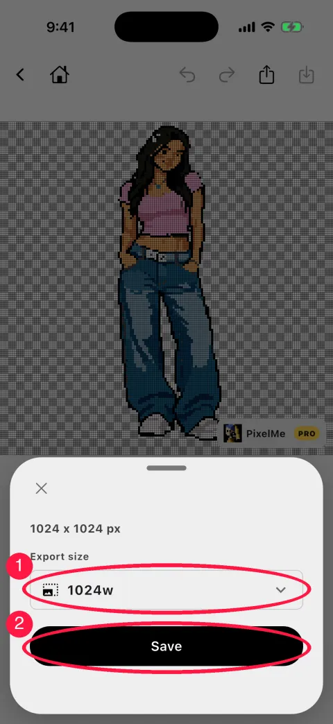 Save to Camera Roll sheet with the export size menu and Save circled