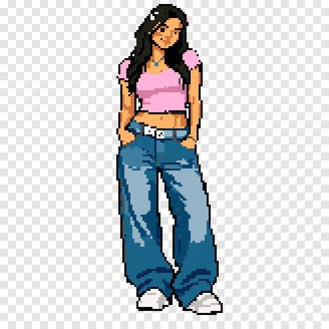 The same woman as a pixel art character on a transparent background